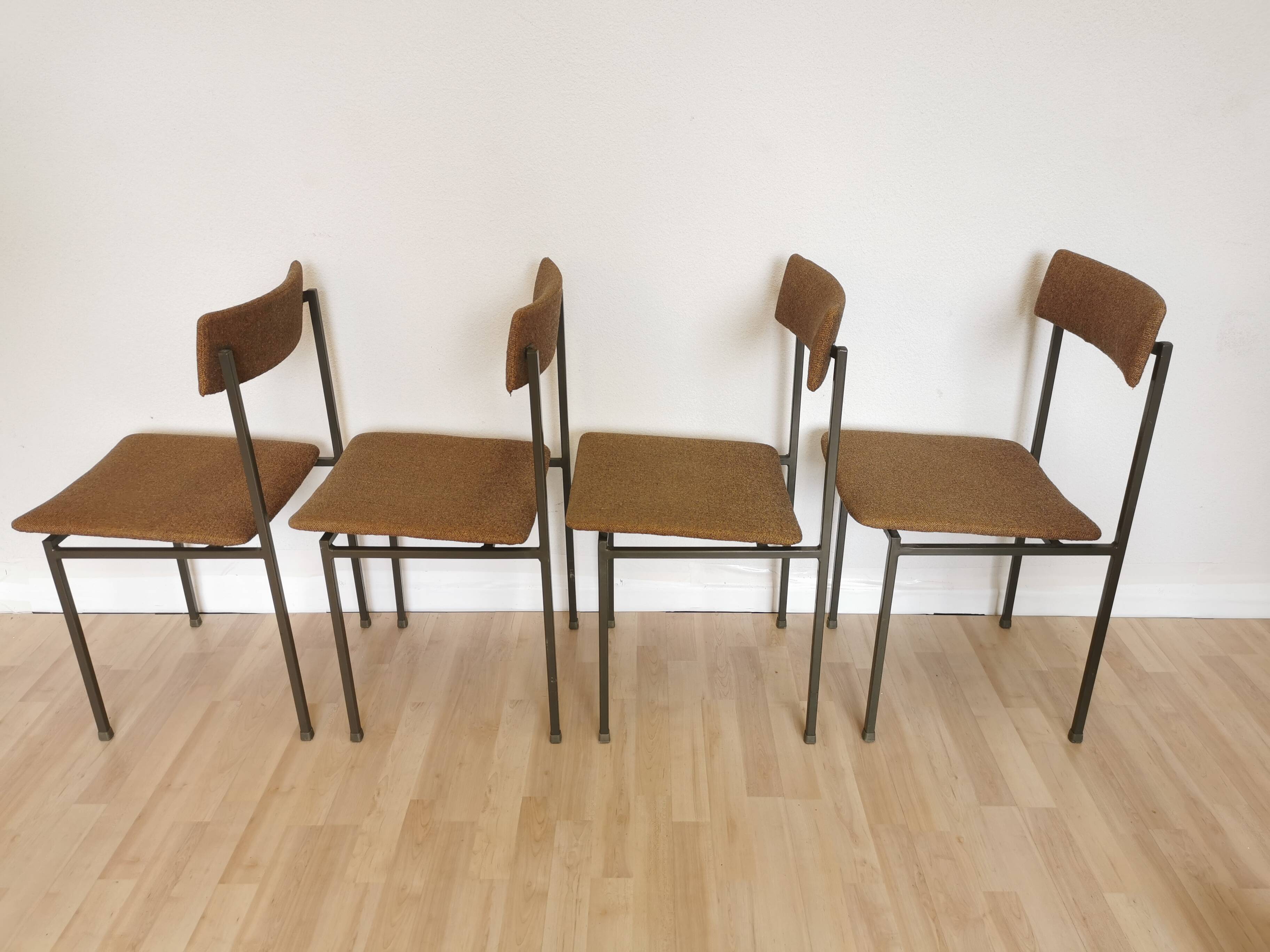 Set of 4 Vintage Industrial School Chairs: Brown Fabric, Black Metal Base
