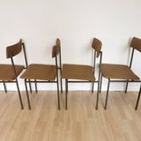 Set of 4 Vintage Industrial School Chairs: Brown Fabric, Black Metal Base