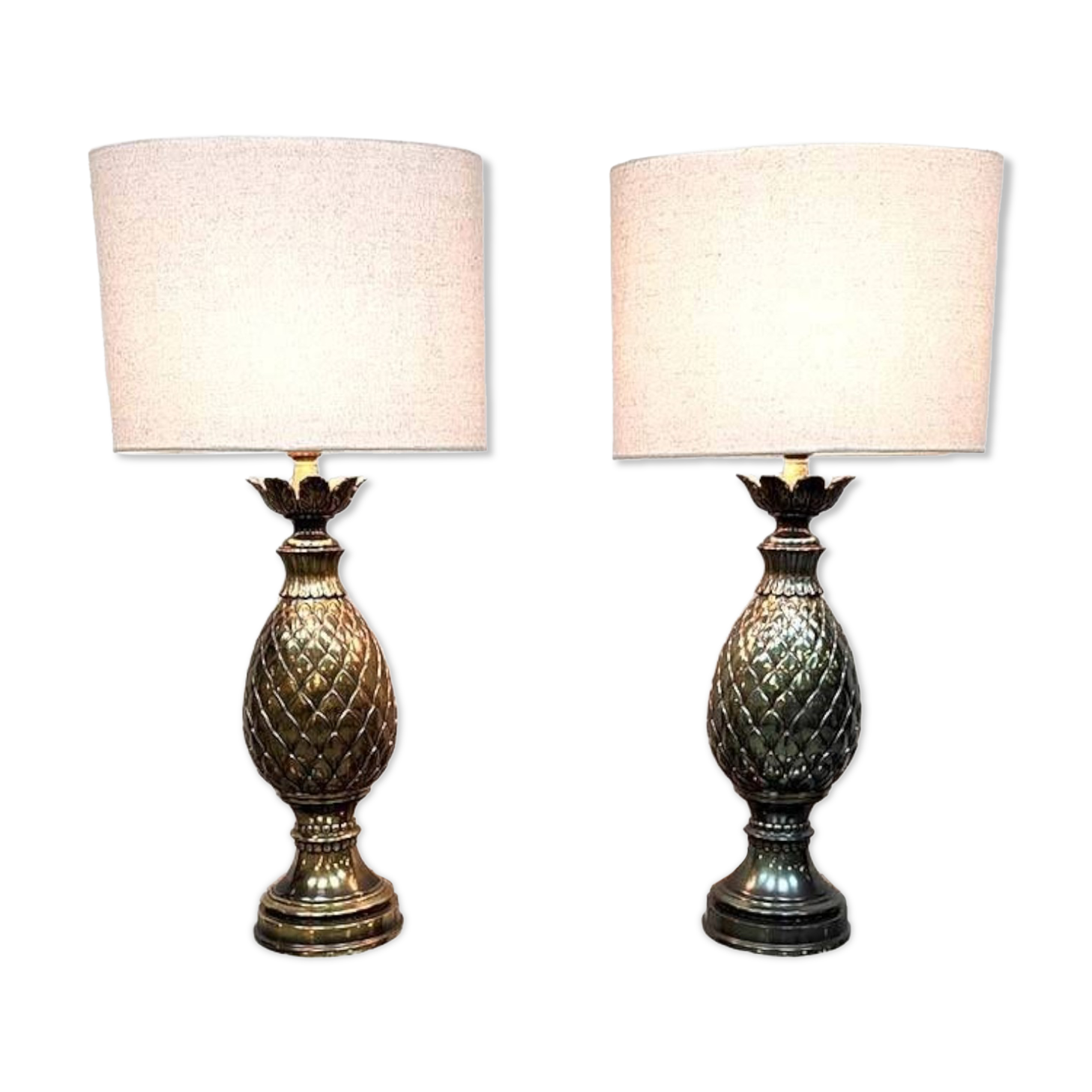 Vintage French brass pineapple table lamp set