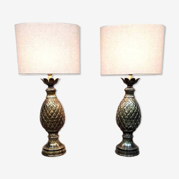 Vintage French brass pineapple table lamp set