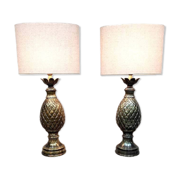 Vintage French brass pineapple table lamp set