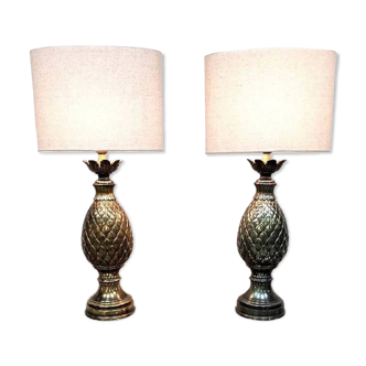 Vintage French brass pineapple table lamp set