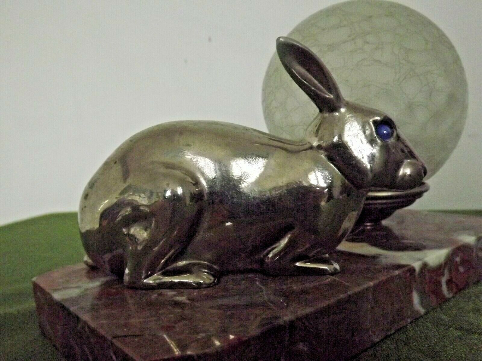 French Art Deco Lamp Marble Base Silver Metal Rabbit Crackle Ball Shade 3365