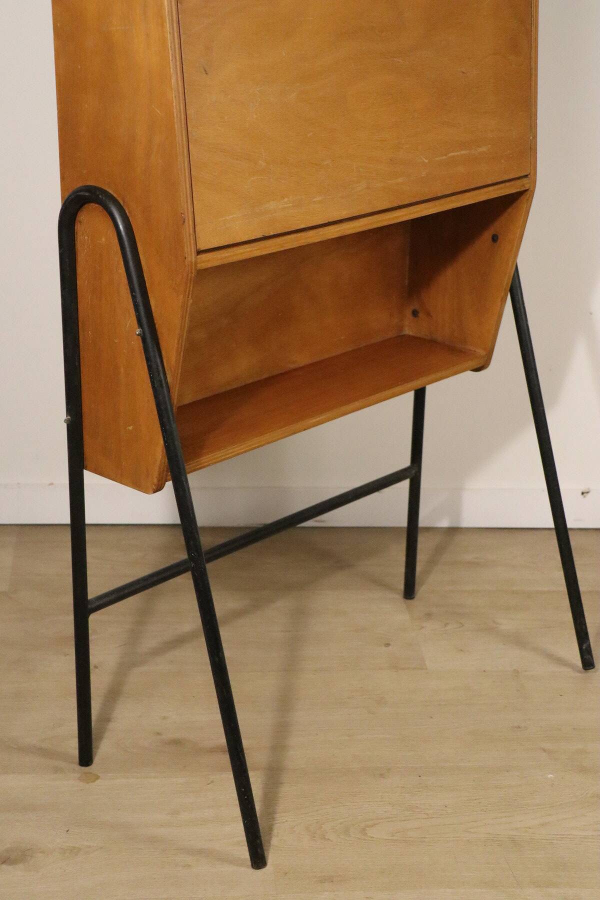Vintage 1960s wooden secretary with metal legs.