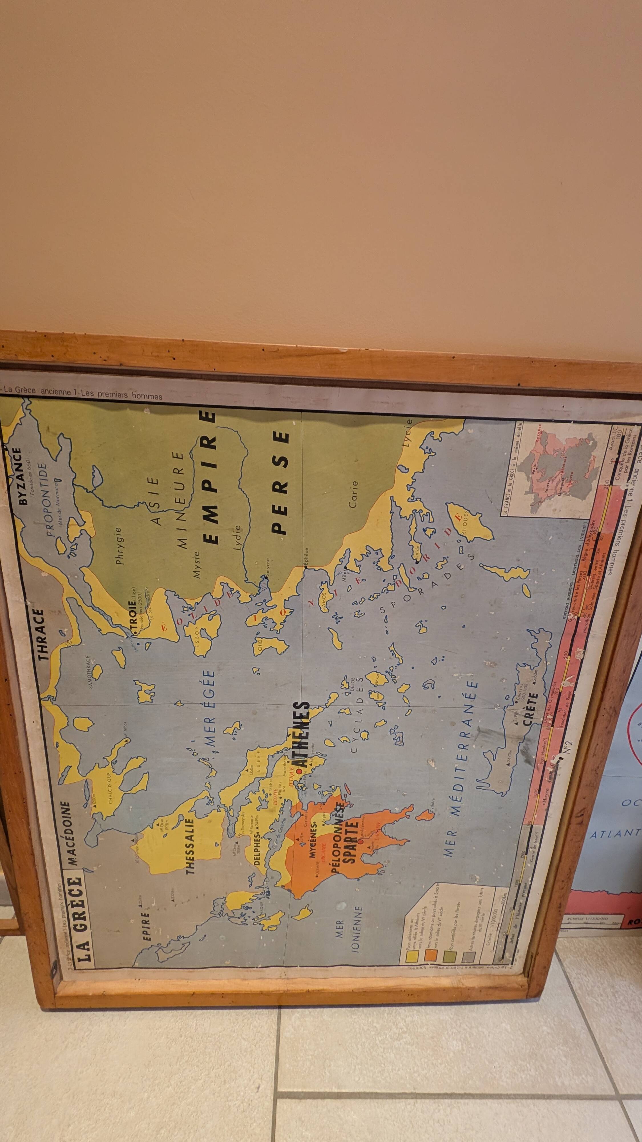 Set of 4 Vintage School Maps ROSSIGNOL Montmorillon + Wooden Frame