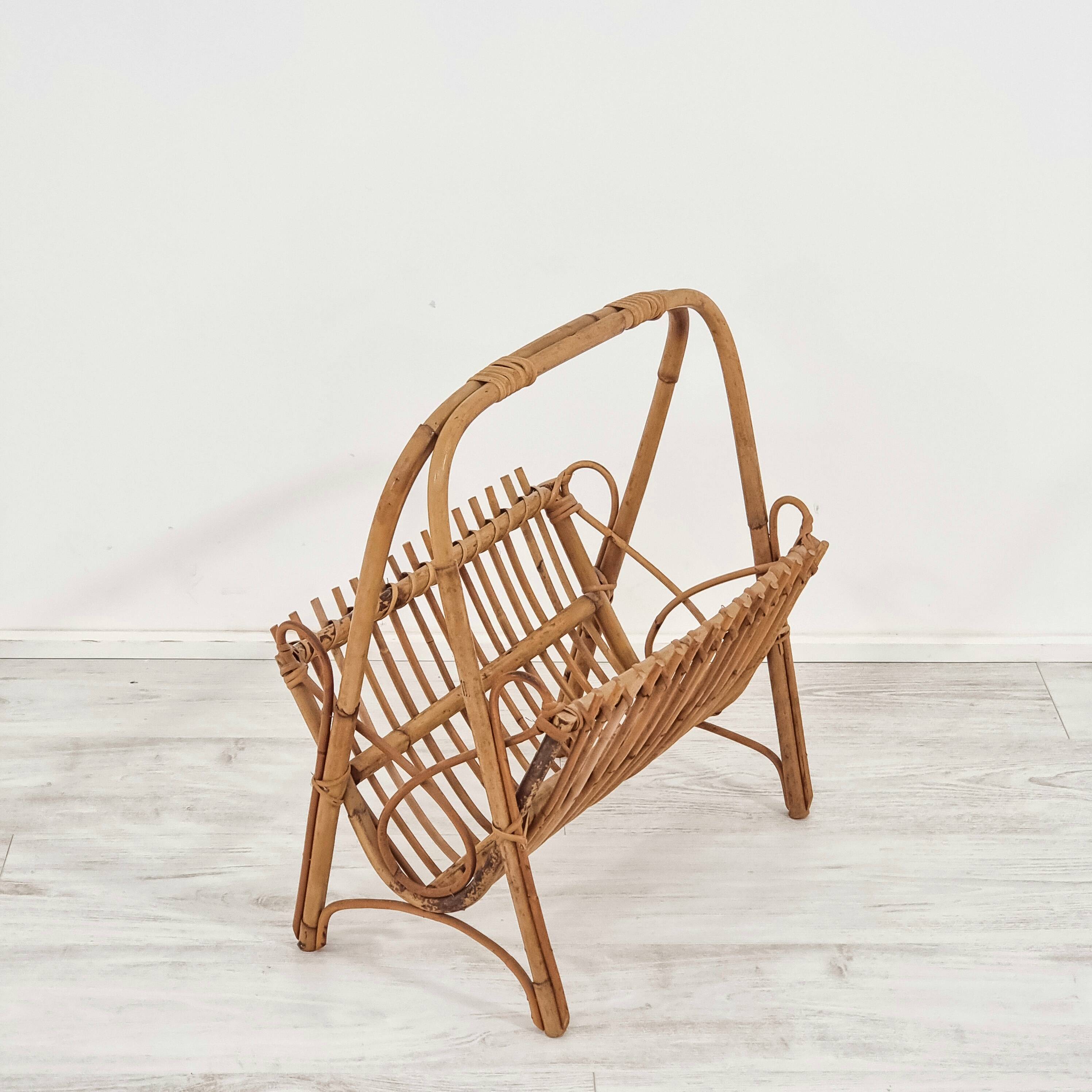 Beautiful 1960s rattan and bamboo magazine rack