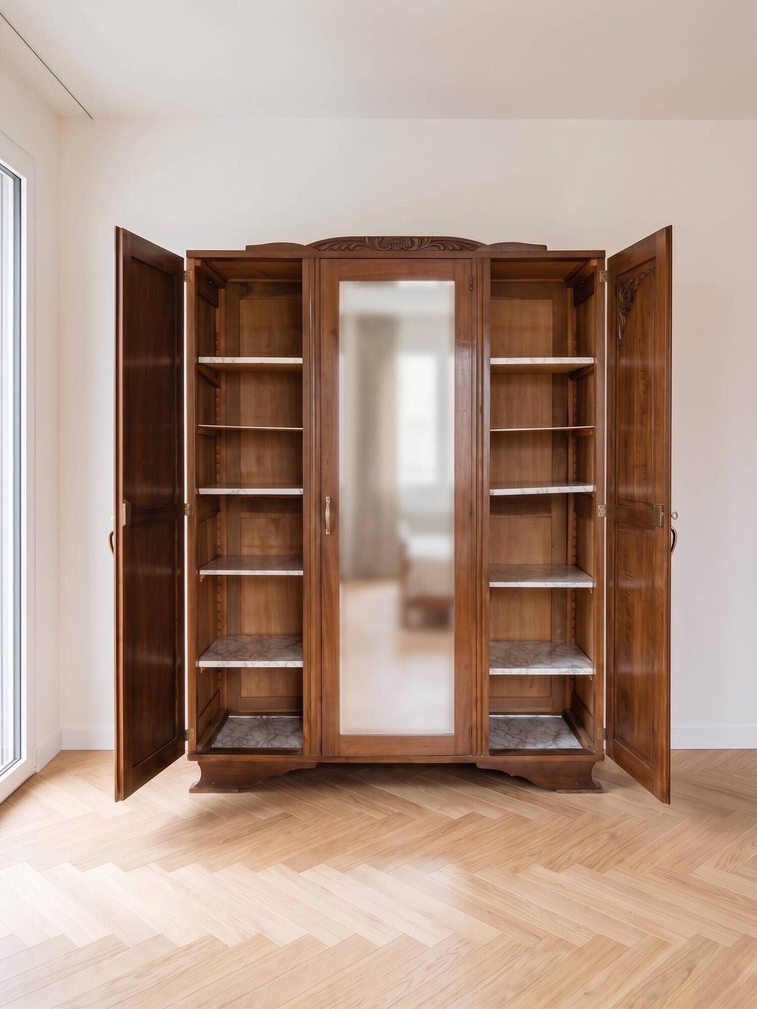 Art Deco 3-door wardrobe in carved wood with mirror