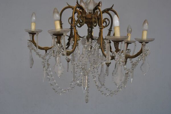 lustre pampilles de cristal bronze doré style rocaille XIXème