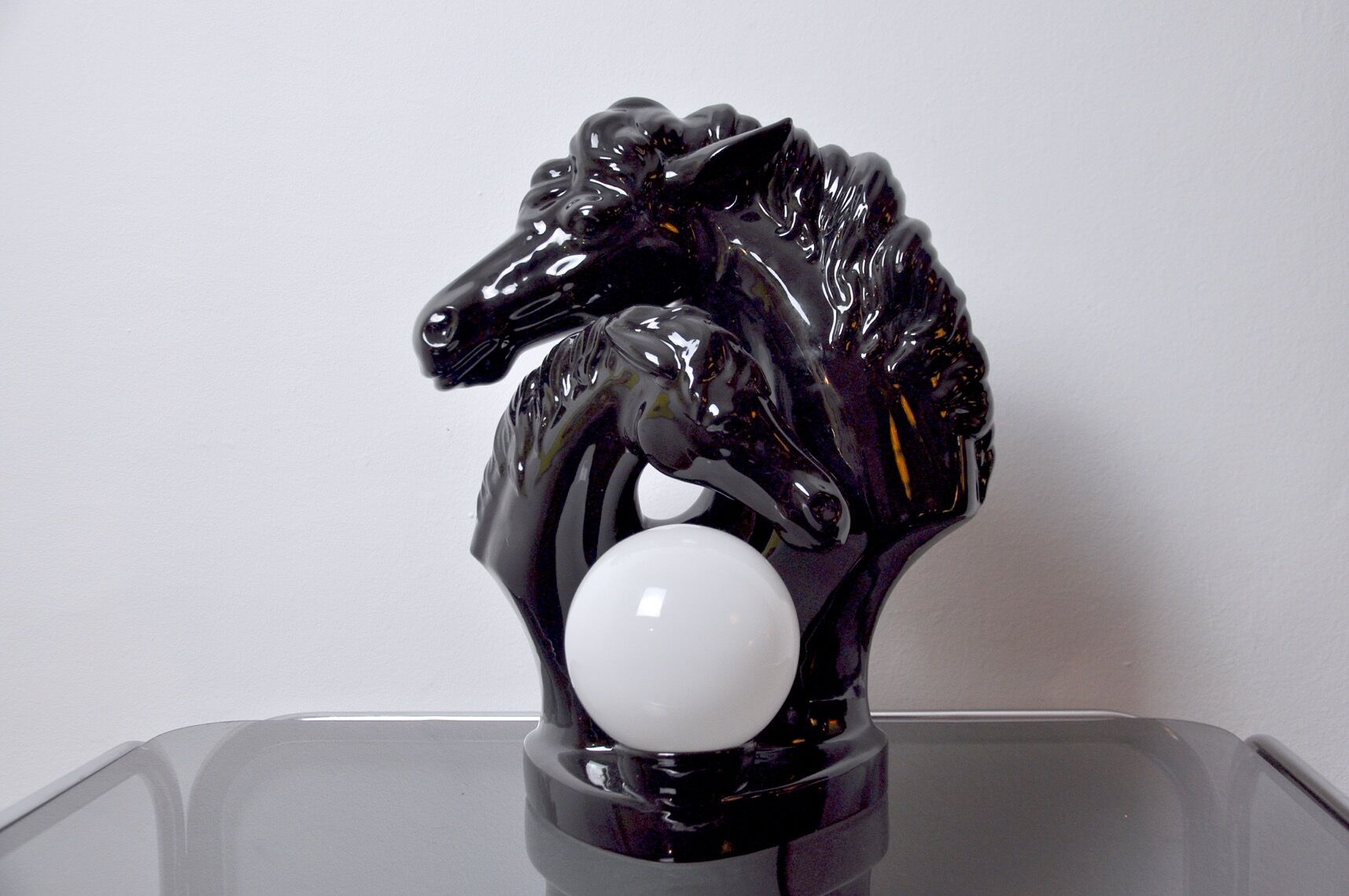 Black ceramic regency "Chevaux" lamp, France, 1980