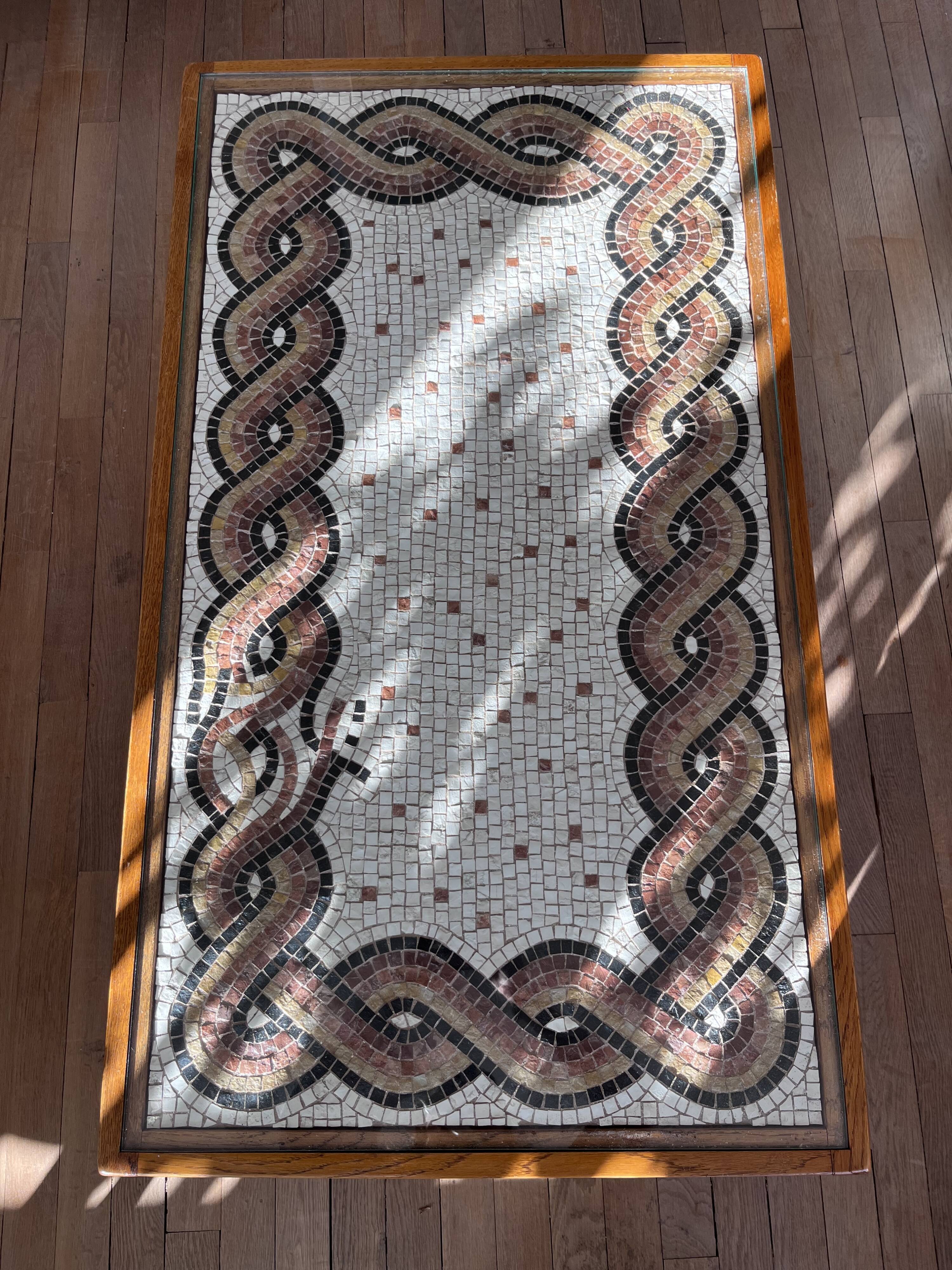 Coffee table in solid oak and mosaic.