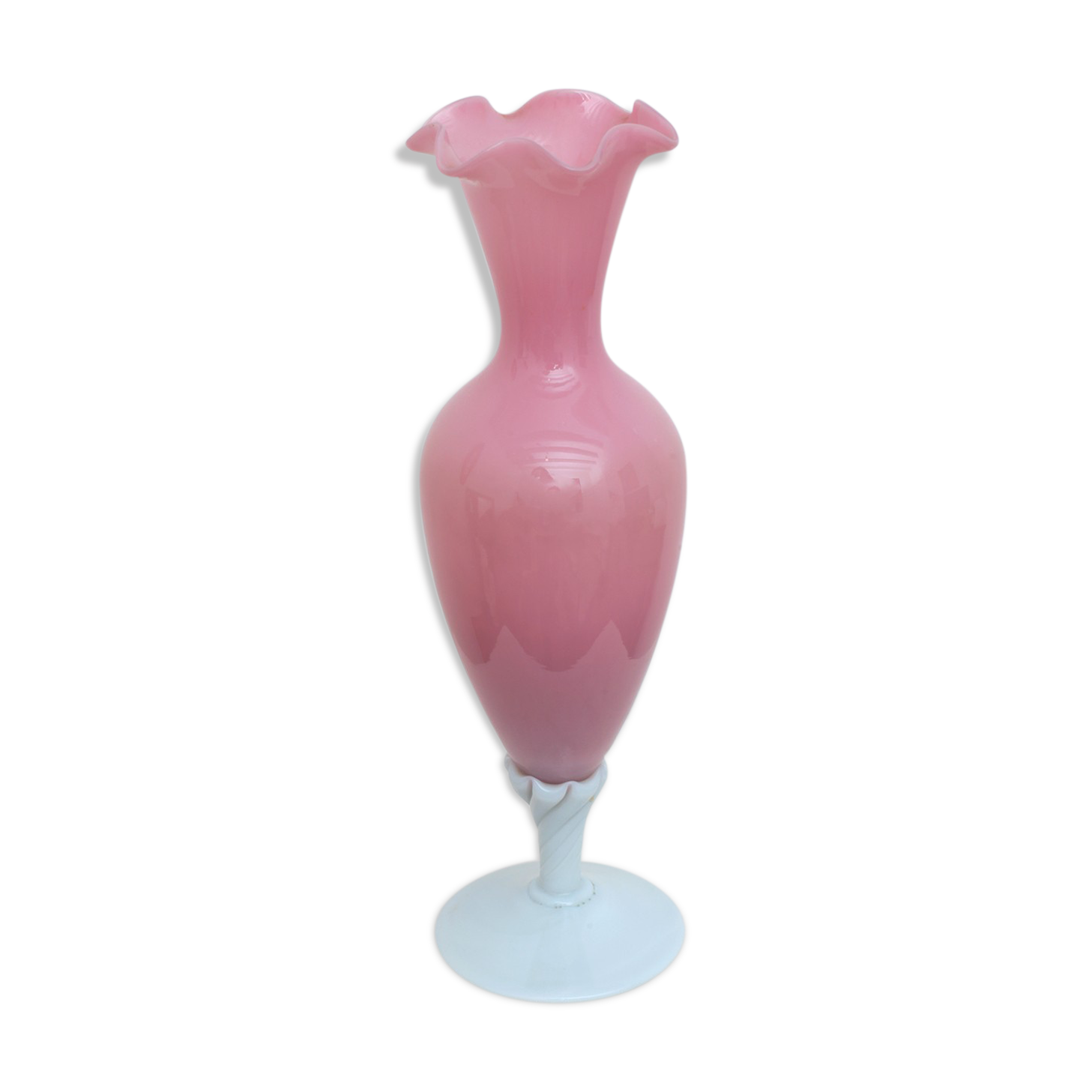 Pink vase foot twisted milk glass