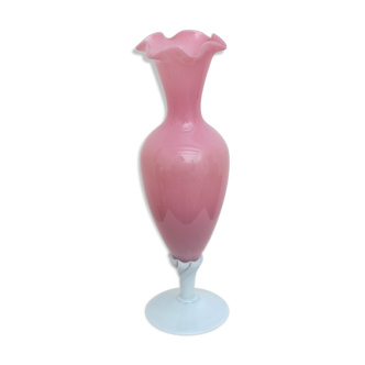 Pink vase foot twisted milk glass