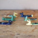 6 knife-wielding colorful ceramic dogs 60s