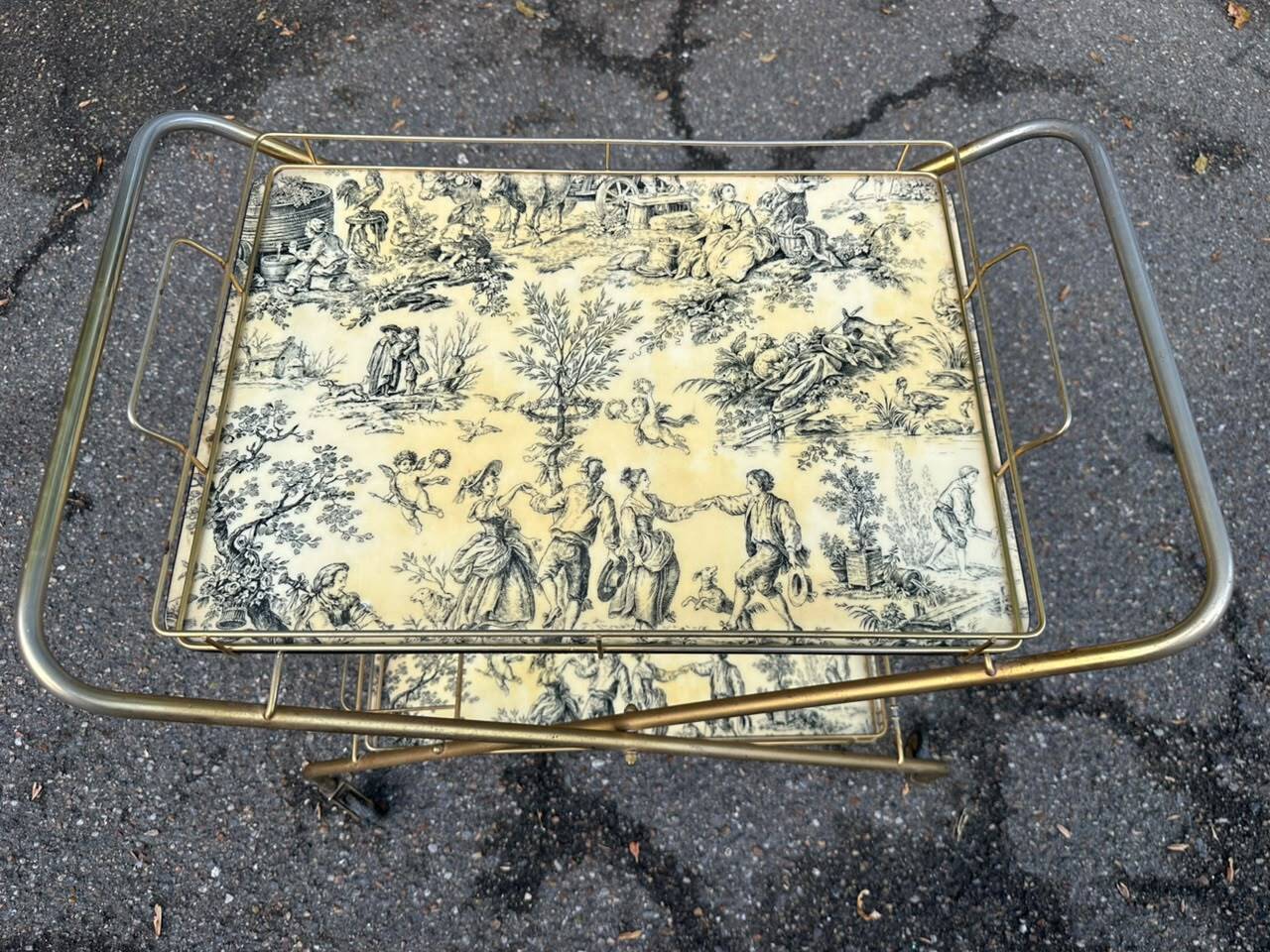Vintage gold folding wheeled dessert trolley Toile de Jouy 1970s bar furniture