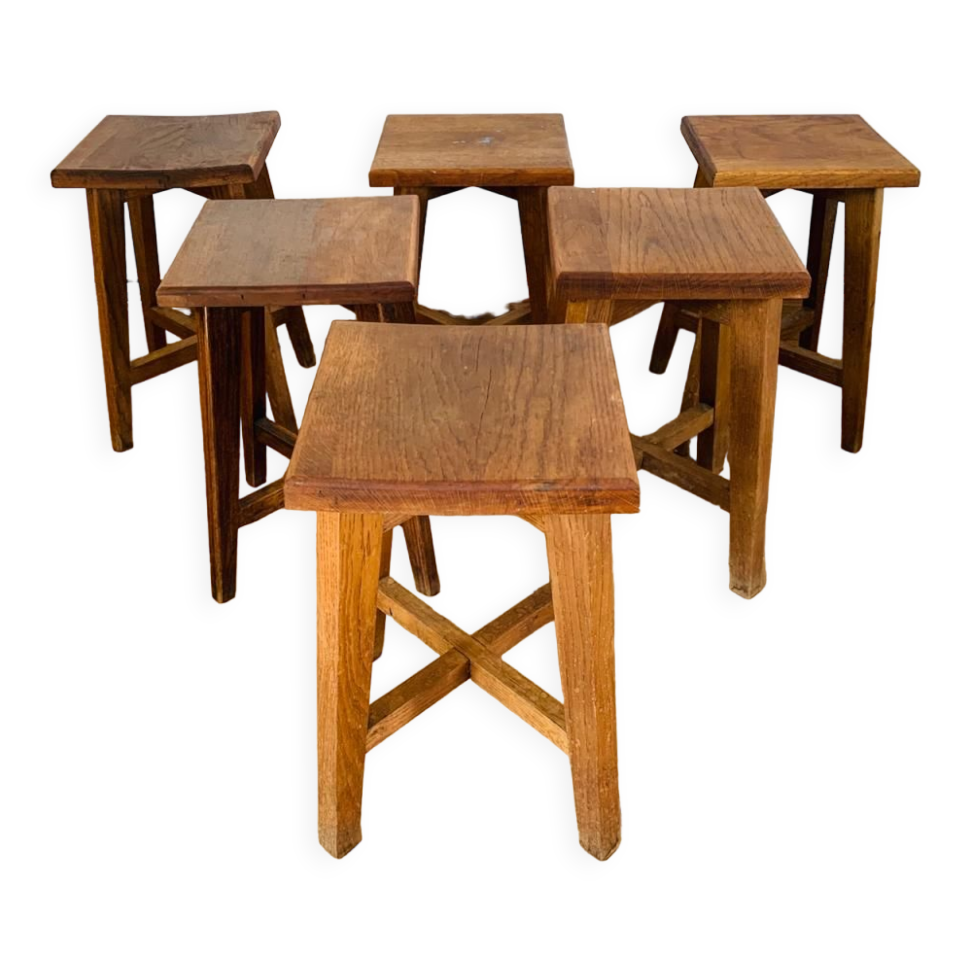 Set of 6 brutalist oak stools