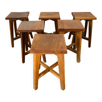 Set of 6 brutalist oak stools