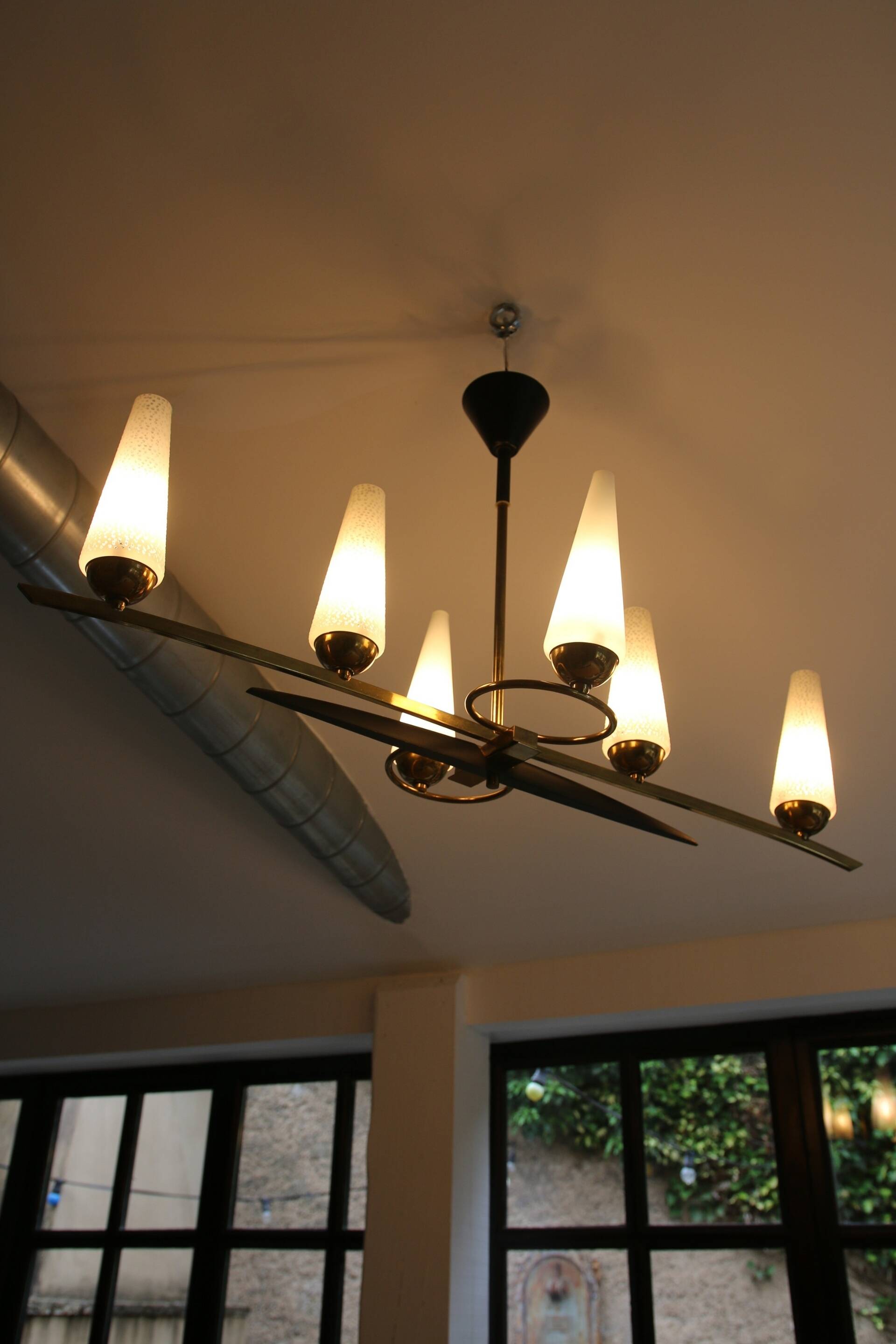 Mid-Century 6-Light Chandelier - Opaline and Brass