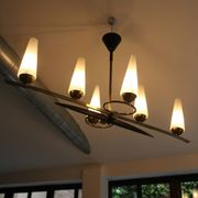 Lustre 6 feux Mid-Century - Opaline et laiton - Style Lunel - Arlus