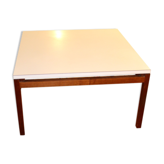 Table basse carrée années 70 plateau blanc piétement teck