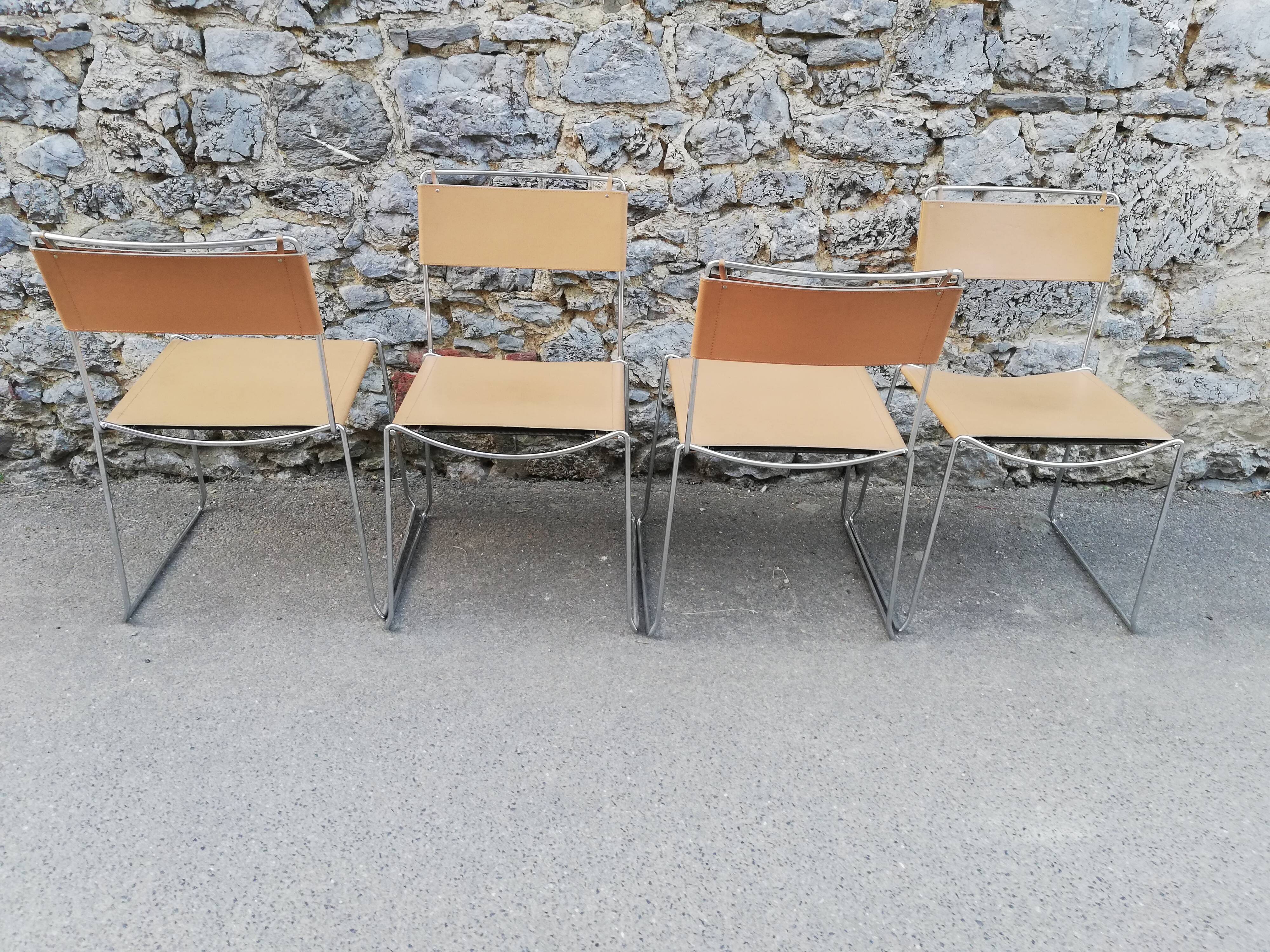 Chrome metal chair upholstered in leather 1970 Giandomenico Belotti