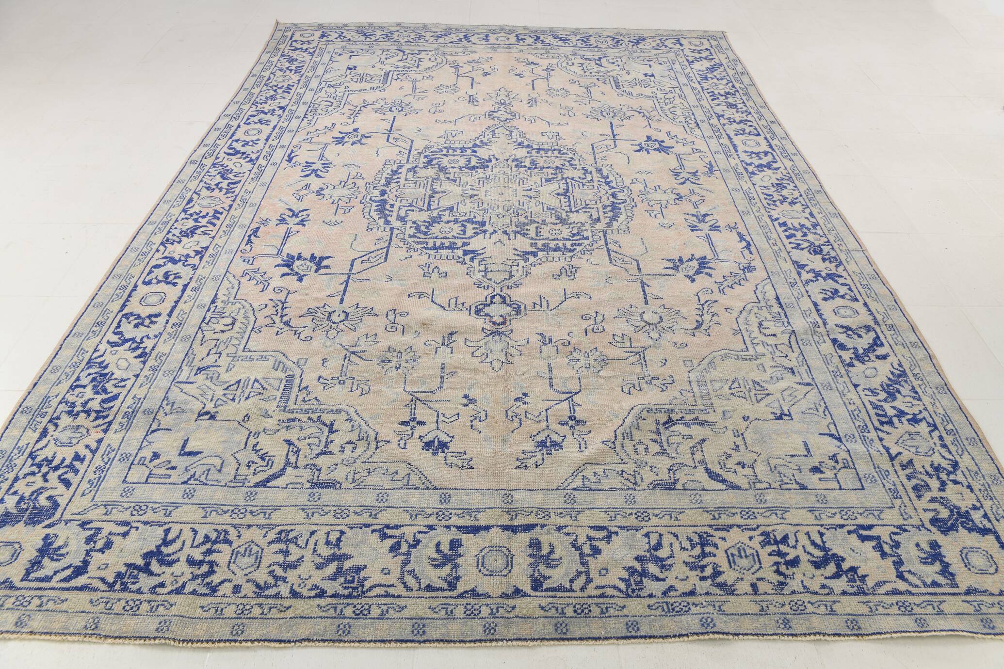 Vintage Blue & Sand Beige Large Persian Rug, 246x344Cm