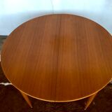 Large Scandinavian round table with 2 extensions, entirely made of teak