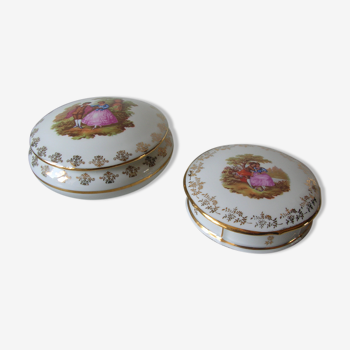 Lot de 2 anciennes bonbonnières drageoirs porcelaine de Limoges décor style Fragonard