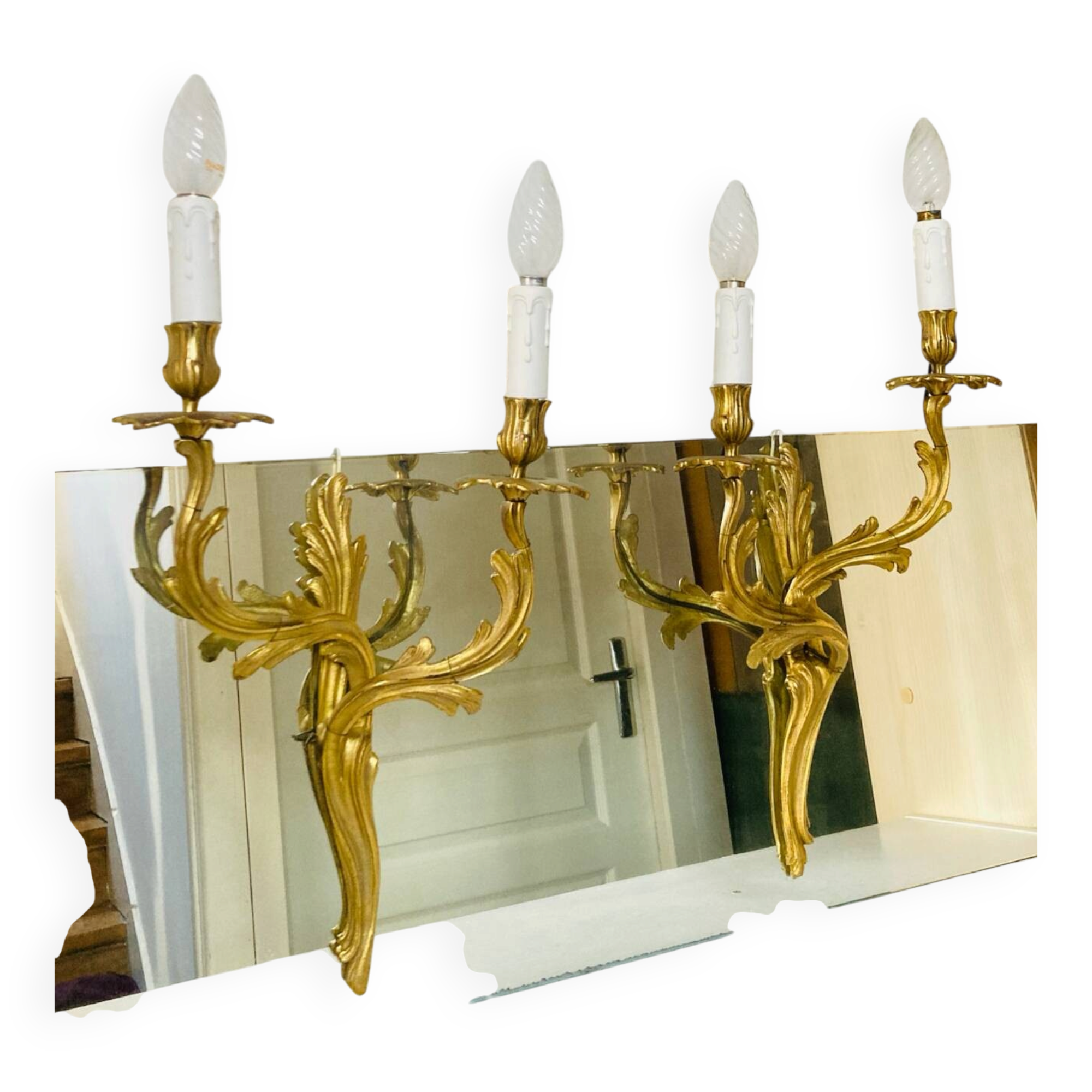 St Louis XV wall lights in solid gilded bronze with curved branches