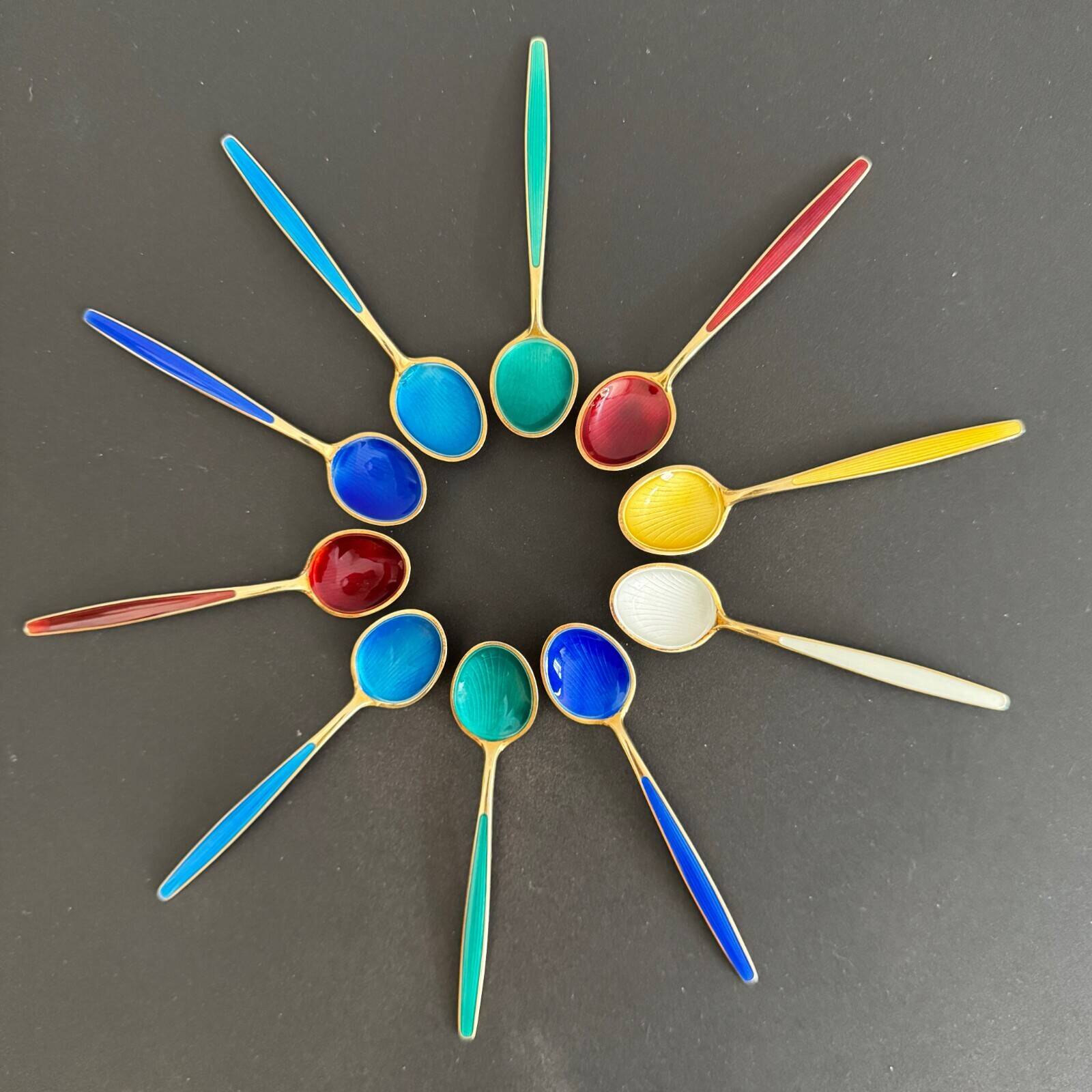 10 silver and vermeil enamel spoons Norway-Sterling 20th century