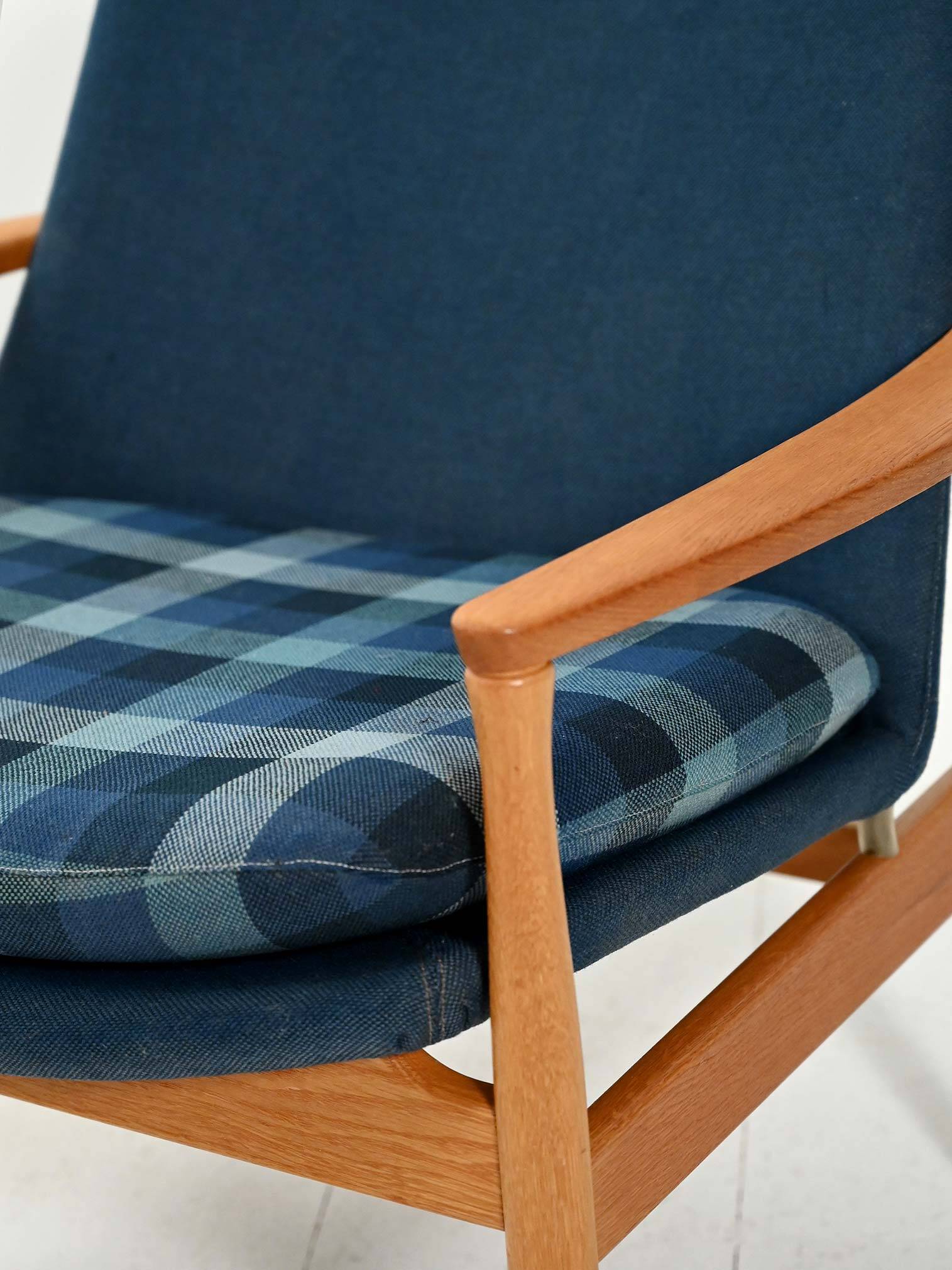 Scandinavian oak and blue wool armchair