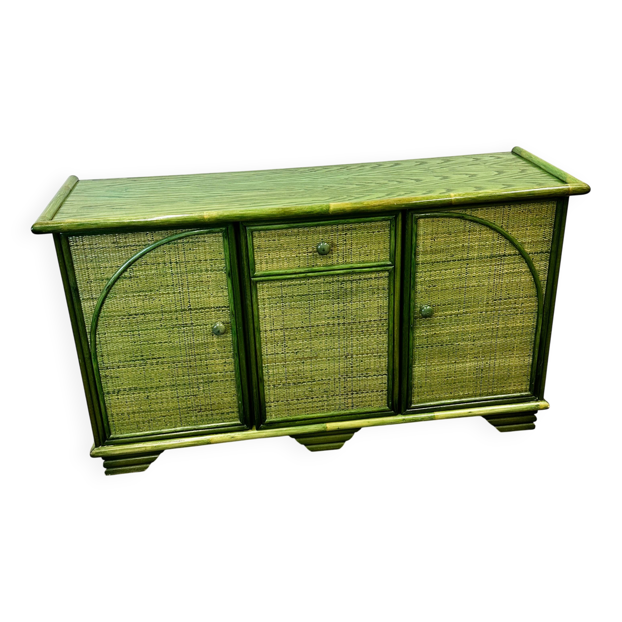Green Vintage Rattan Sideboard By Maugrion, France, 1980s
