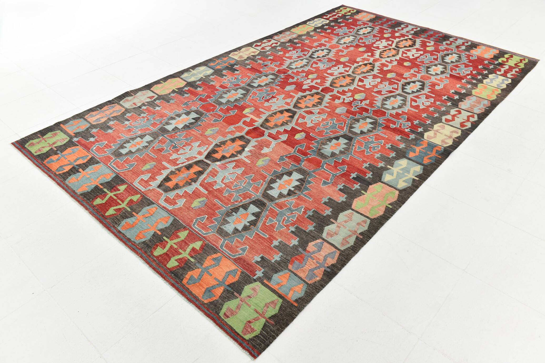 Tapis Kilim Vintage Rouge Motifs Géométriques Ethniques, 195x355 Cm