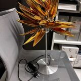 Aloe Blossom table lamp, designed by Jeremy Cole, bone china in gold with stainless steel frame and glass diffuser