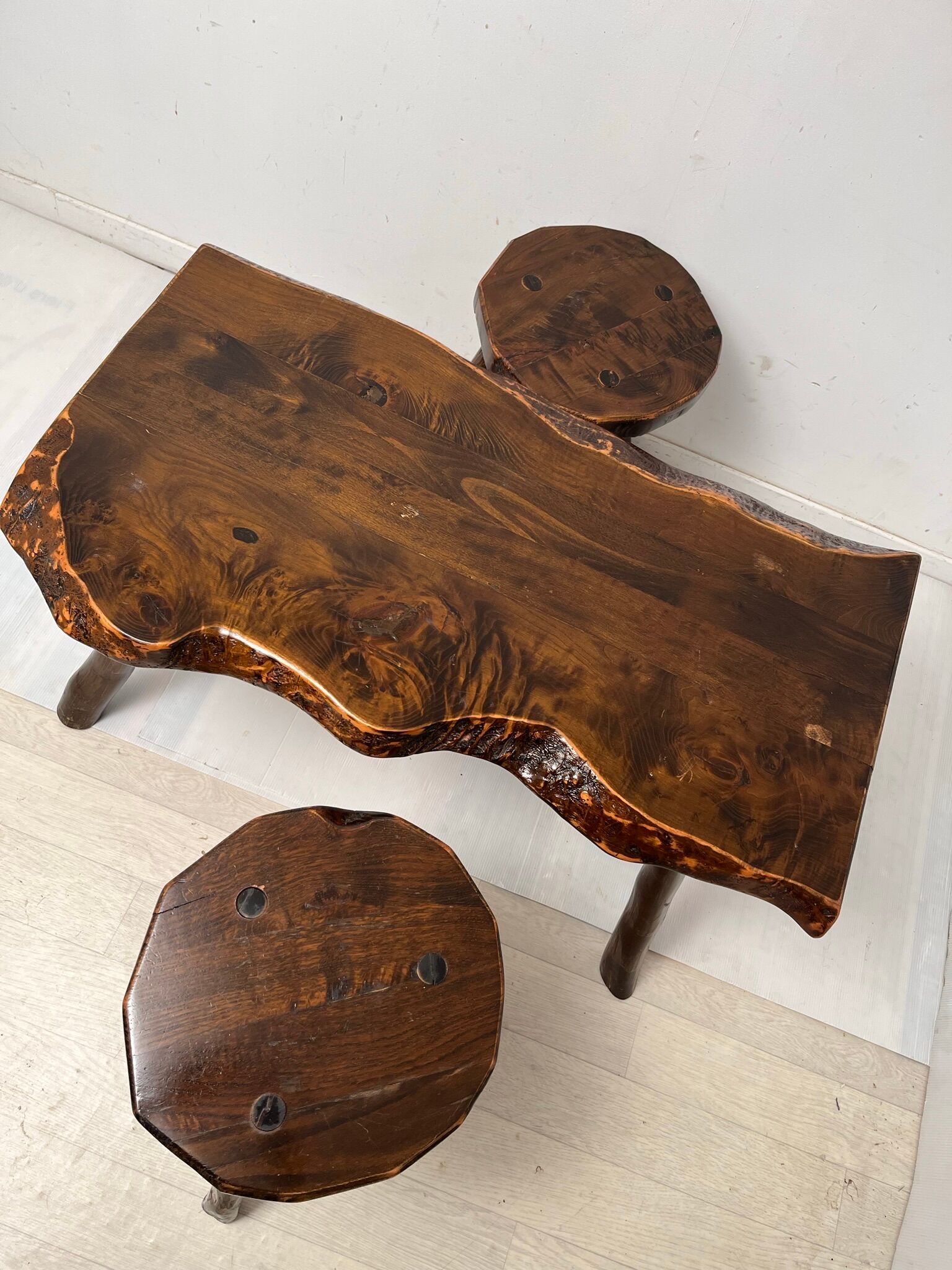 Brutalist vintage coffee table and 2 stools