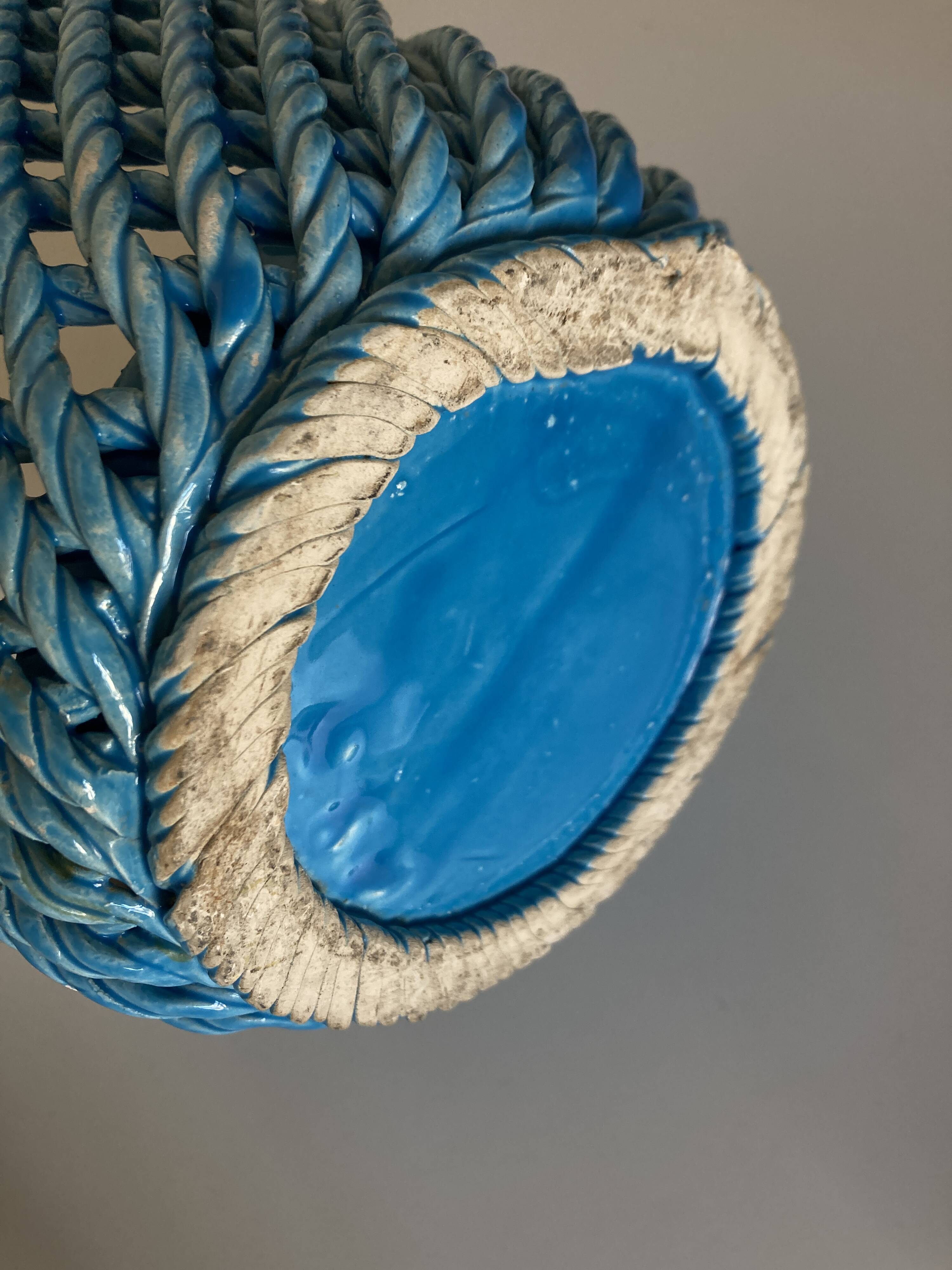 Turquoise woven ceramic cachepot, Italian work, 1960s
