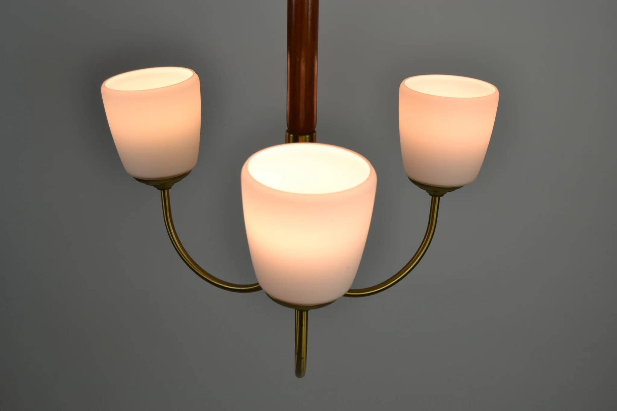 Scandinavian Modern Three-Light Pendant in Brass, Teak and Opaline Glass, 1960s
