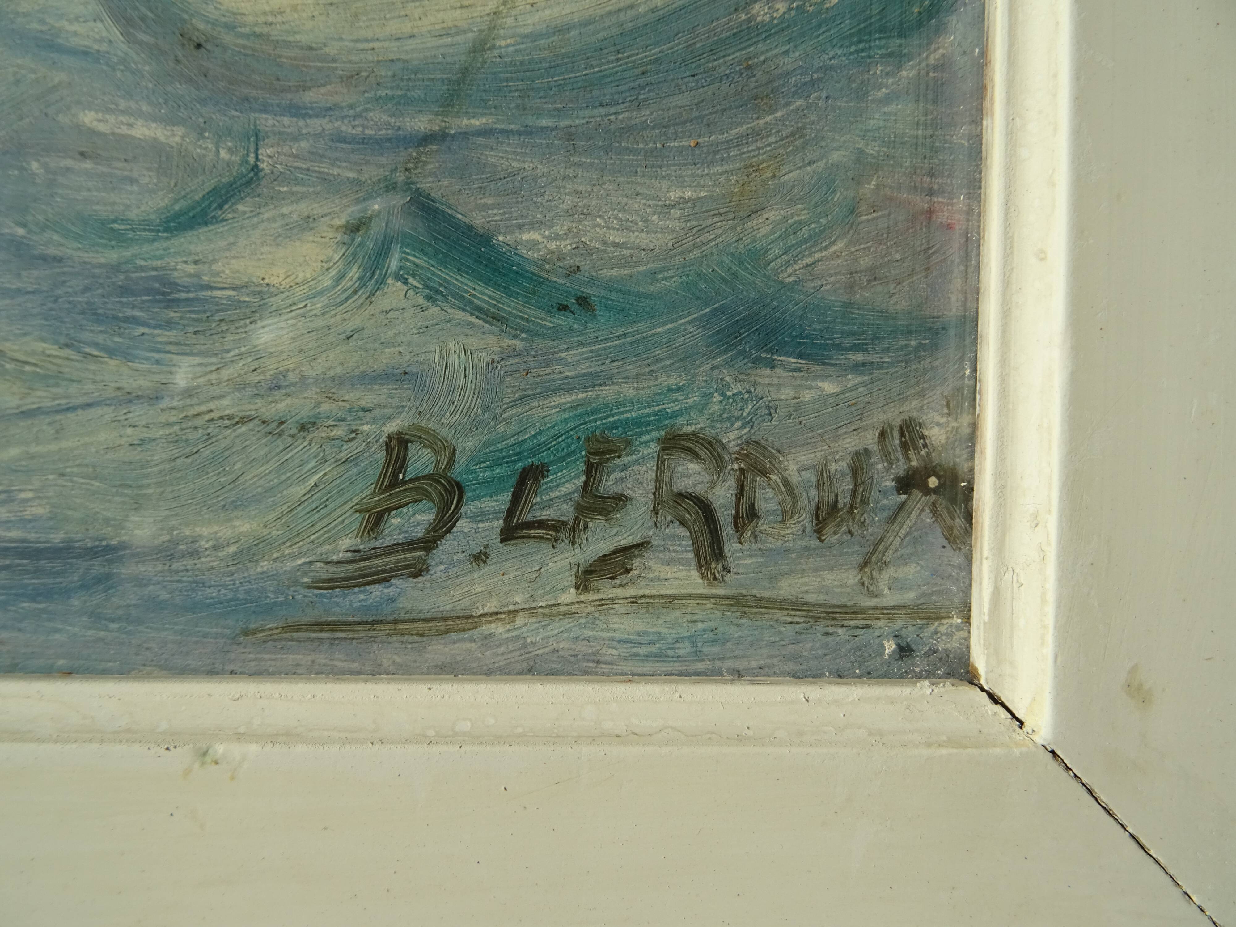 Old painting boat at sea signed