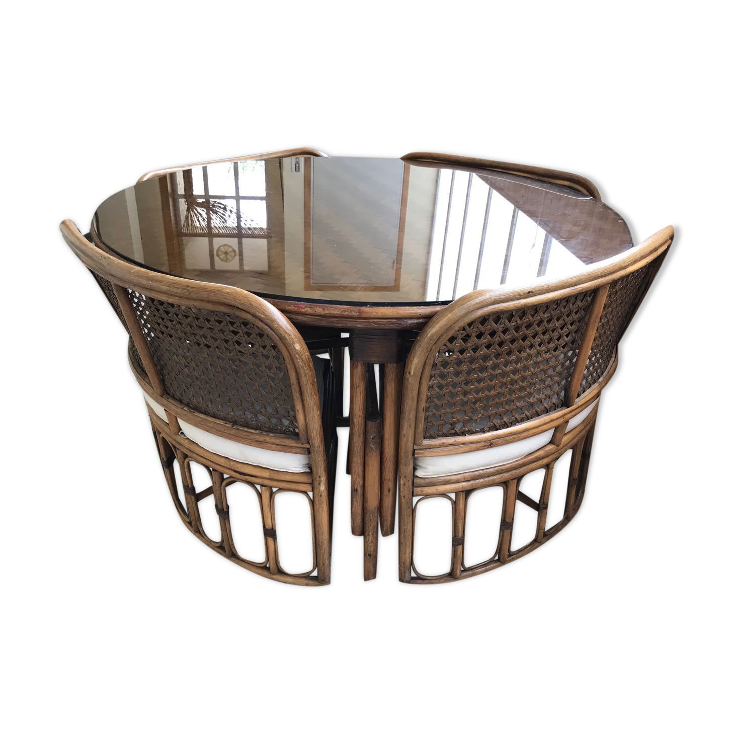 Table ronde rotin et ses 4 chaises | Selency