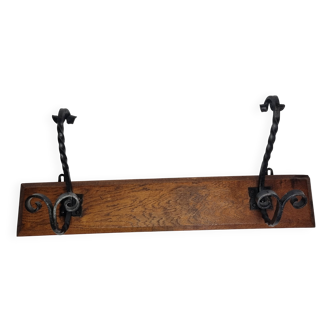 Patère murale en bois massif et fer forgé, style rustique, 59 cm