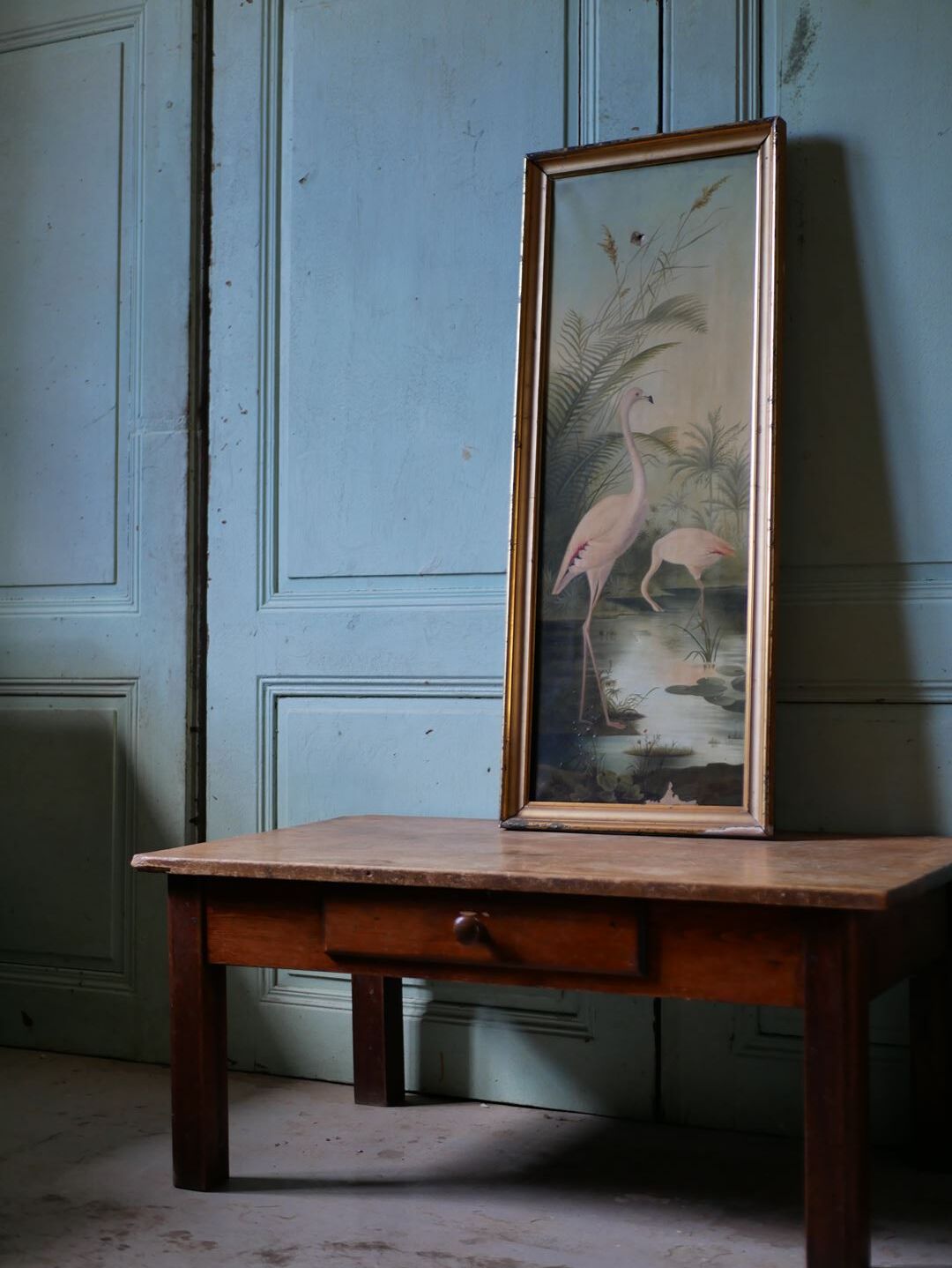 Ancienne huile sur toile encadrée, "Flamands roses"