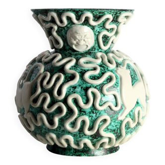 Manufacture Sainte-Radegonde, bulbous vase with masks in glazed ceramic