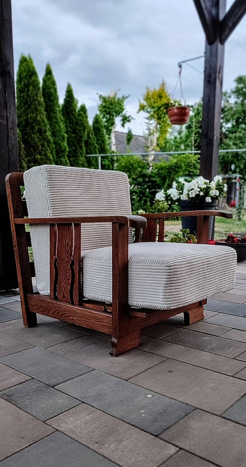 Art Deco armchair in solid oak and off-white corduroy, 1950s