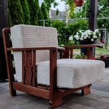 Art Deco armchair in solid oak and off-white corduroy, 1950s