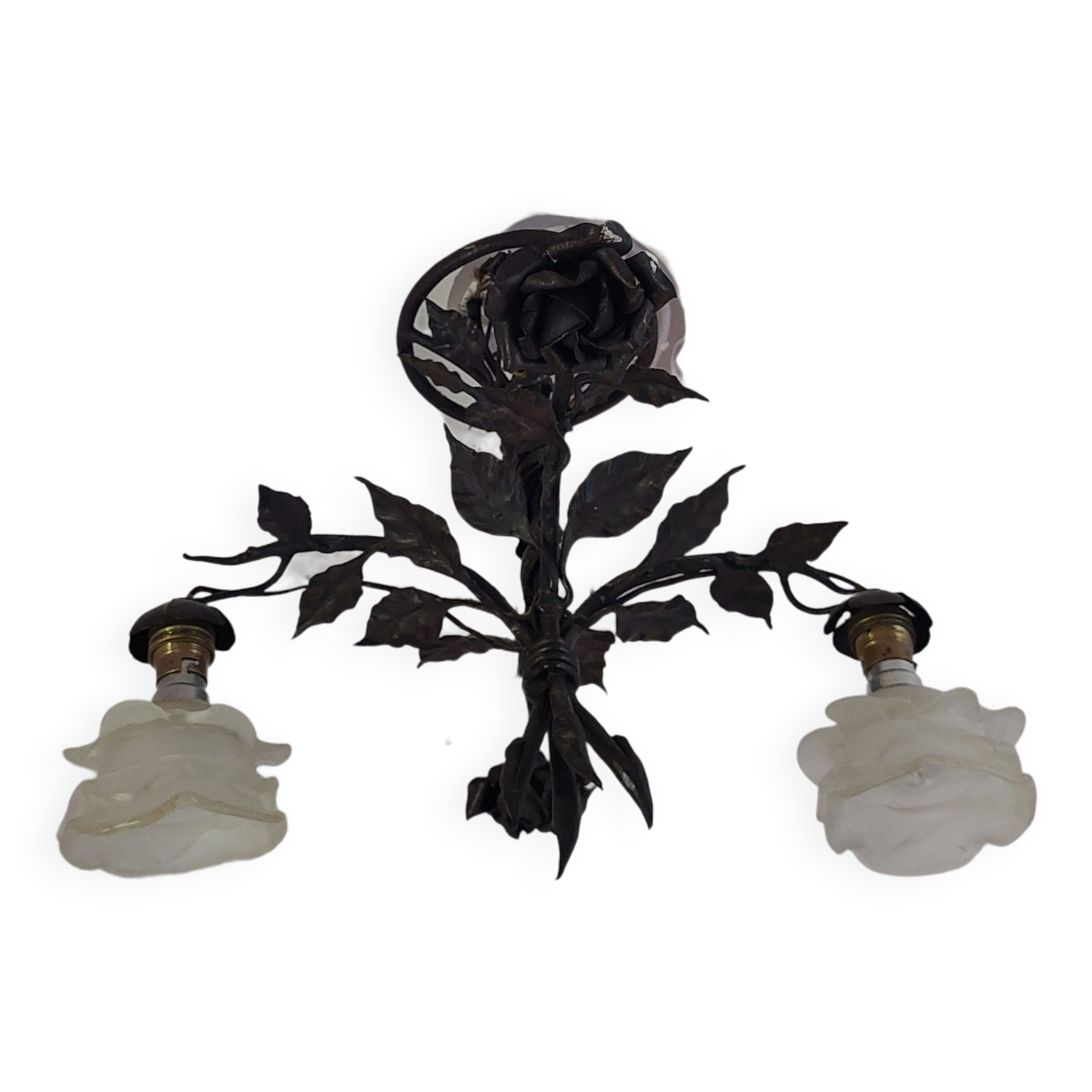Chandelier with wrought iron and glass rose patterns