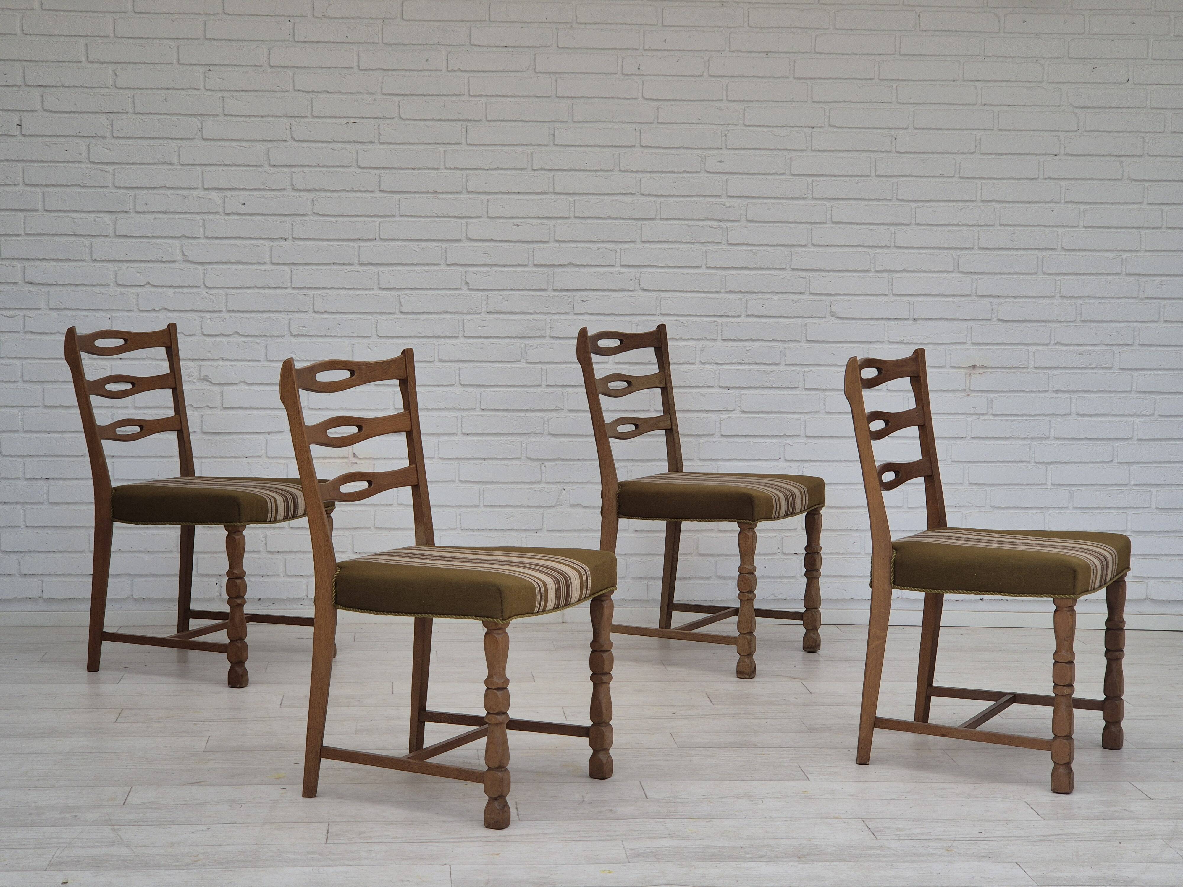 1970s, set of 4 Danish dining chairs in oak wood, green furniture wool.