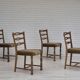 1970s, set of 4 Danish dining chairs in oak wood, green furniture wool.