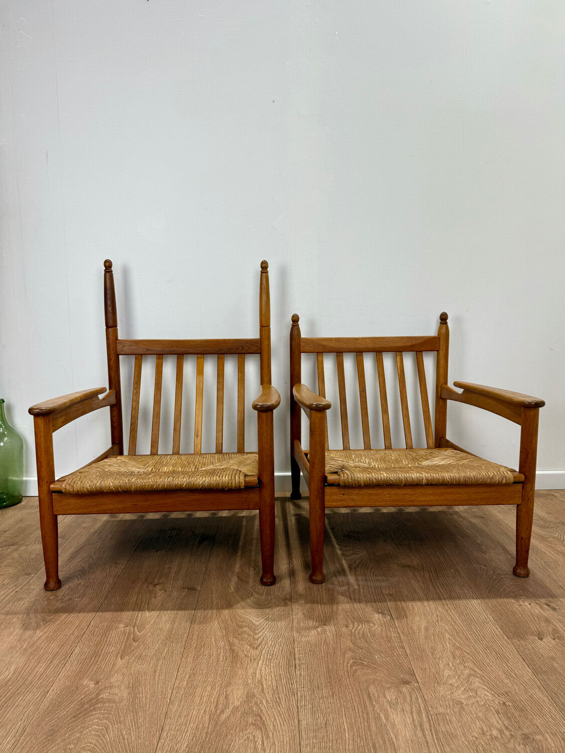 Pair of wooden and straw armchairs