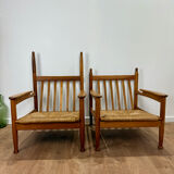 Pair of wooden and straw armchairs