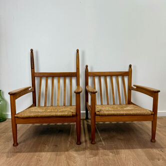 Paire de fauteuils en bois et paille