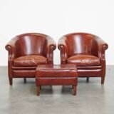 Set of 2 Cognac-Colored Cowhide Leather Club Chairs with Matching Ottoman